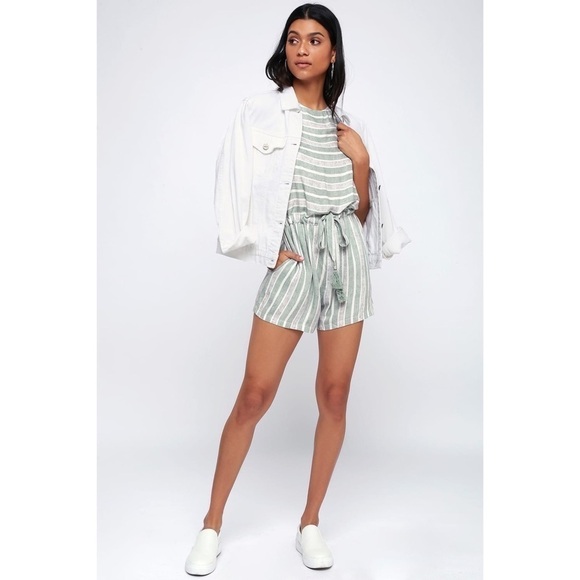 MinkPink Pure Shores Green Grey Striped Romper Open Back Medium - Picture 1 of 14